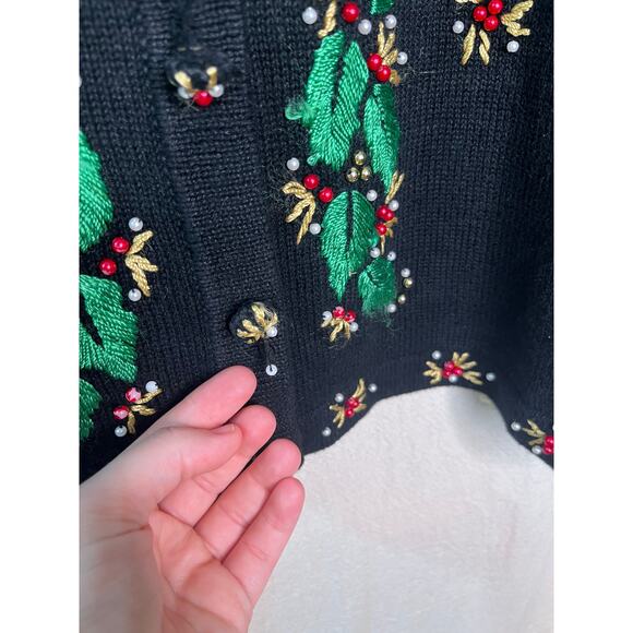 1990s BP Design Holly Gold Green Red Christmas Maximalist Bows Glam Cardigan M - Picture 5 of 8